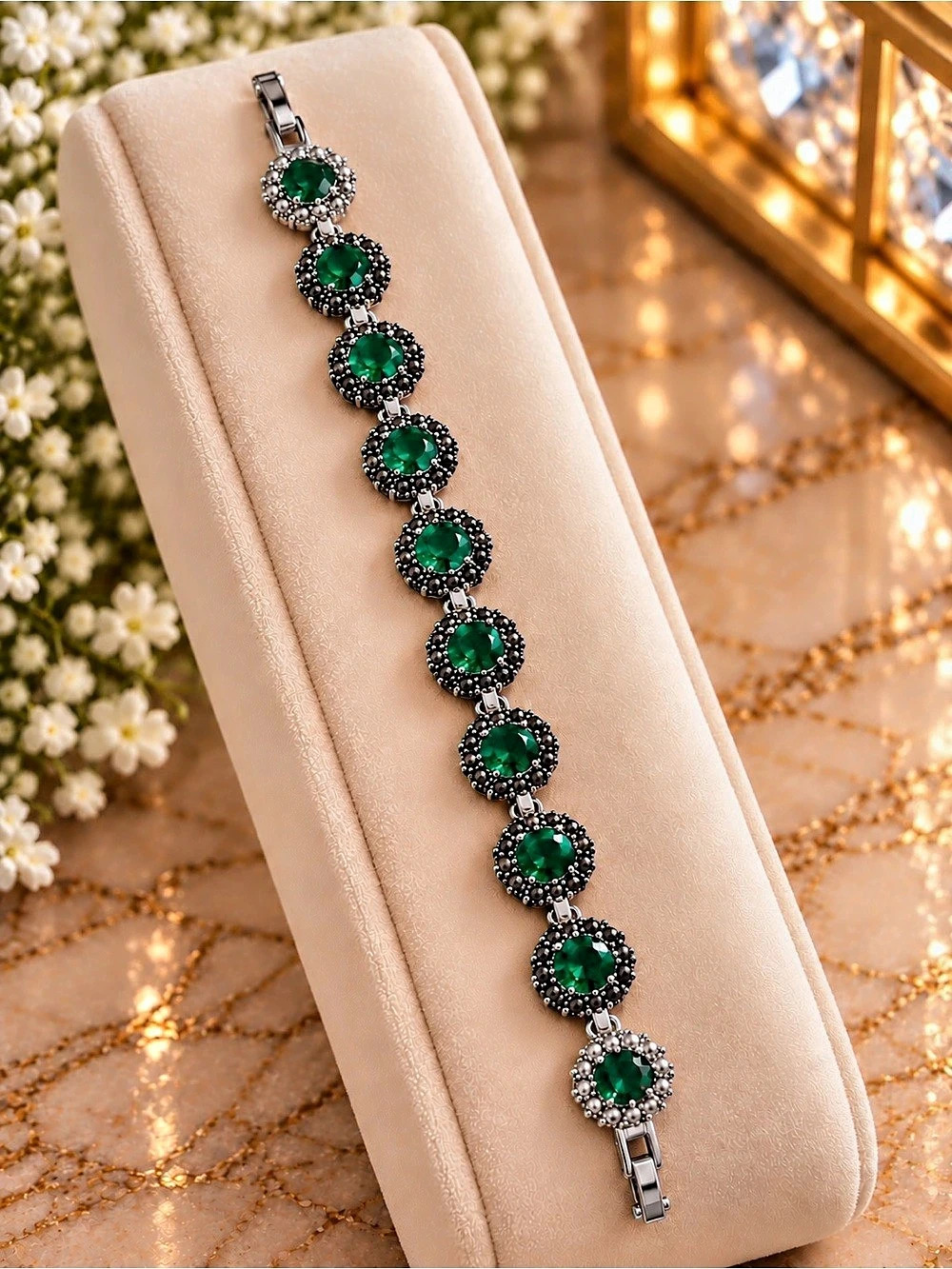Emerald Green Crystal Silver Tone Statement Bracelet Floral Halo Jewelry. 8 Inch